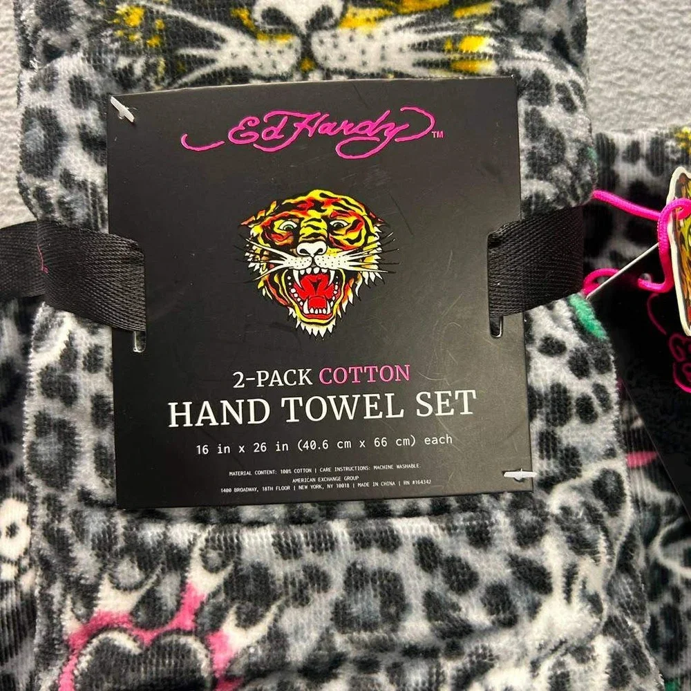 Ed Hardy 3 Pc Towel Set Tiger Leopard Print Y2K Bath 28x54 Hand 16x26 Cotton